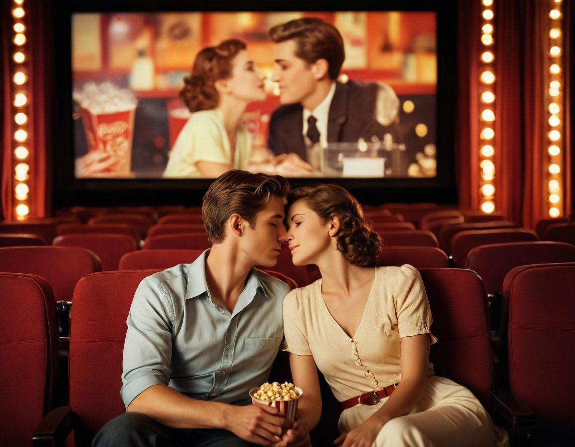 A beautifully composed scene showcasing a couple sharing a tender moment in a vintage cinema setting, surrounded by soft glowing lights and a large movie screen displaying a romantic film. The atmosphere is filled with warm colors, popcorn, and film reels, evoking nostalgia. Capture the essence of love and cinema intertwined. surrealistic. warm tones. soft focus.