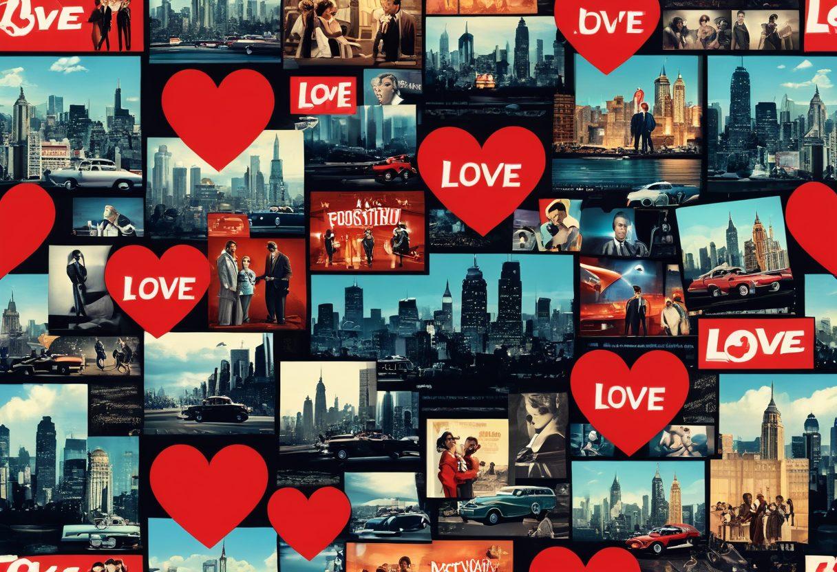 A cinematic collage showcasing iconic love-themed movies spanning different decades, featuring classic film reels, heart motifs, and famous romantic scenes. Seamlessly blend visual elements of old Hollywood and modern filmmaking with a background of a bustling film industry skyline. Emphasize rich colors and emotional expressions to capture the essence of love in cinema. cinematic art. vibrant colors. 3D elements.