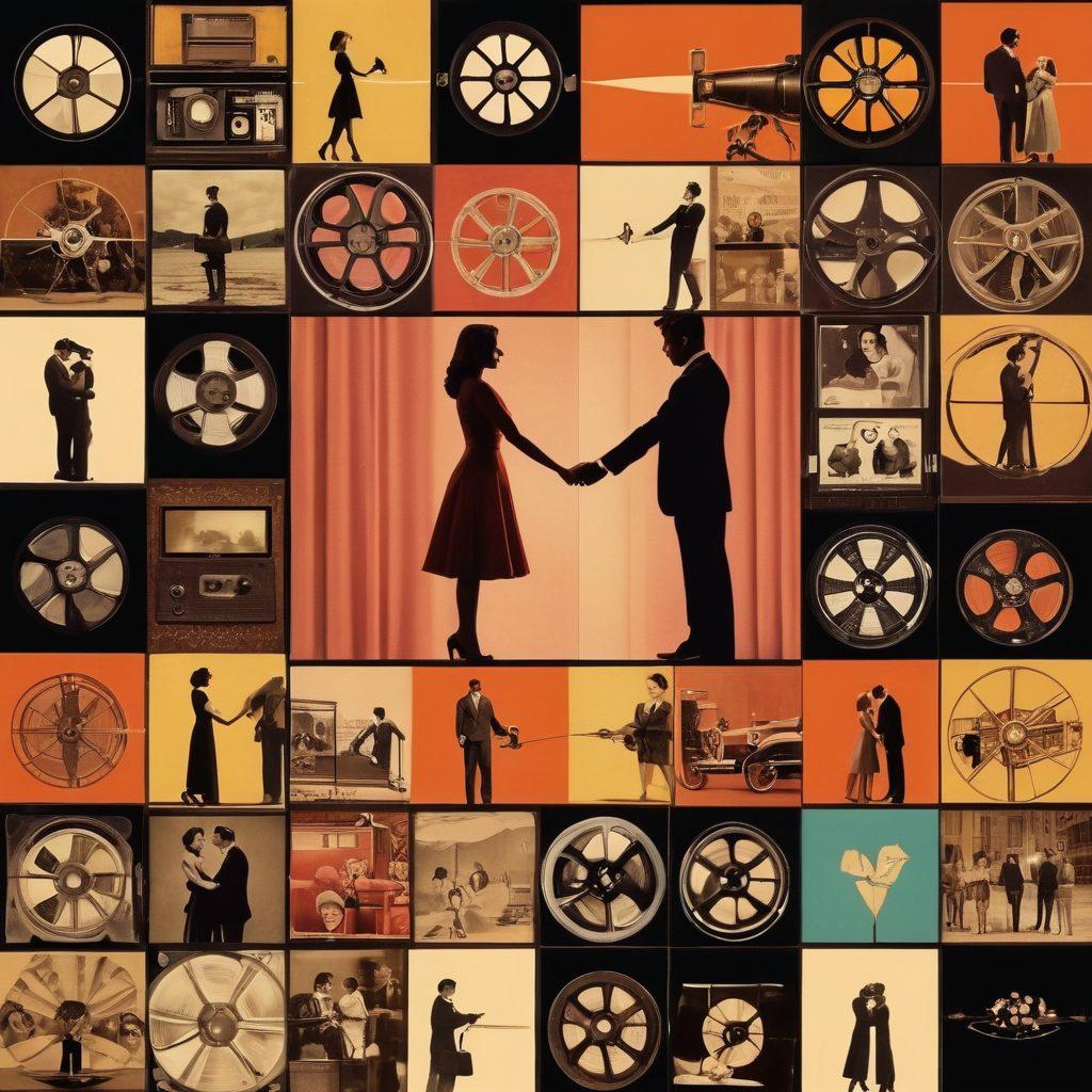 A captivating collage depicting the evolution of romantic cinema, starting with a vintage film reel transforming into modern digital screens. Include iconic romantic scenes, intertwined hands symbolizing relationships, and glimpses of couples in various eras watching films together. Use warm colors to evoke emotion and magic. super-realistic. vibrant colors. cinematic style.